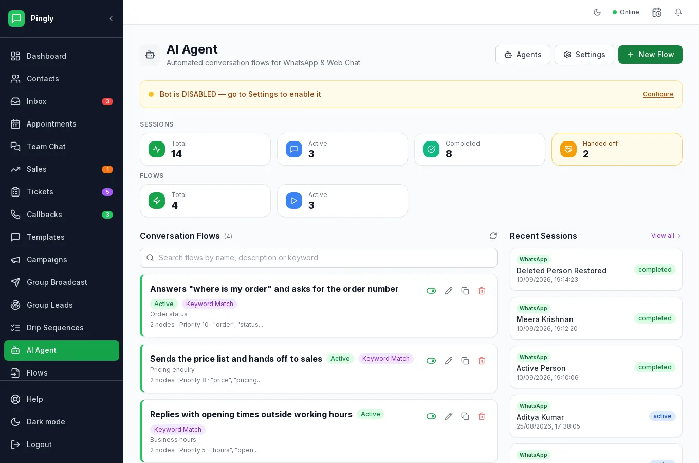 The AI Agent screen in Pingly, listing keyword-matched conversation flows with their priority and trigger words, alongside session counts and recent sessions.