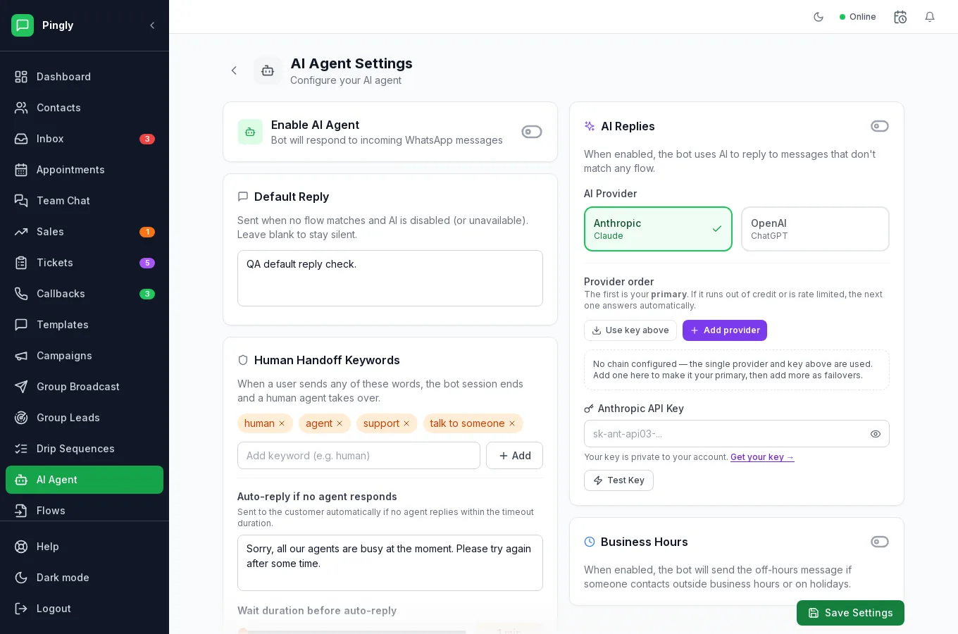 AI Agent Settings in Pingly, showing the Enable AI Agent toggle, default reply, human handoff keywords, and the AI Replies panel with its Anthropic and OpenAI provider choice.