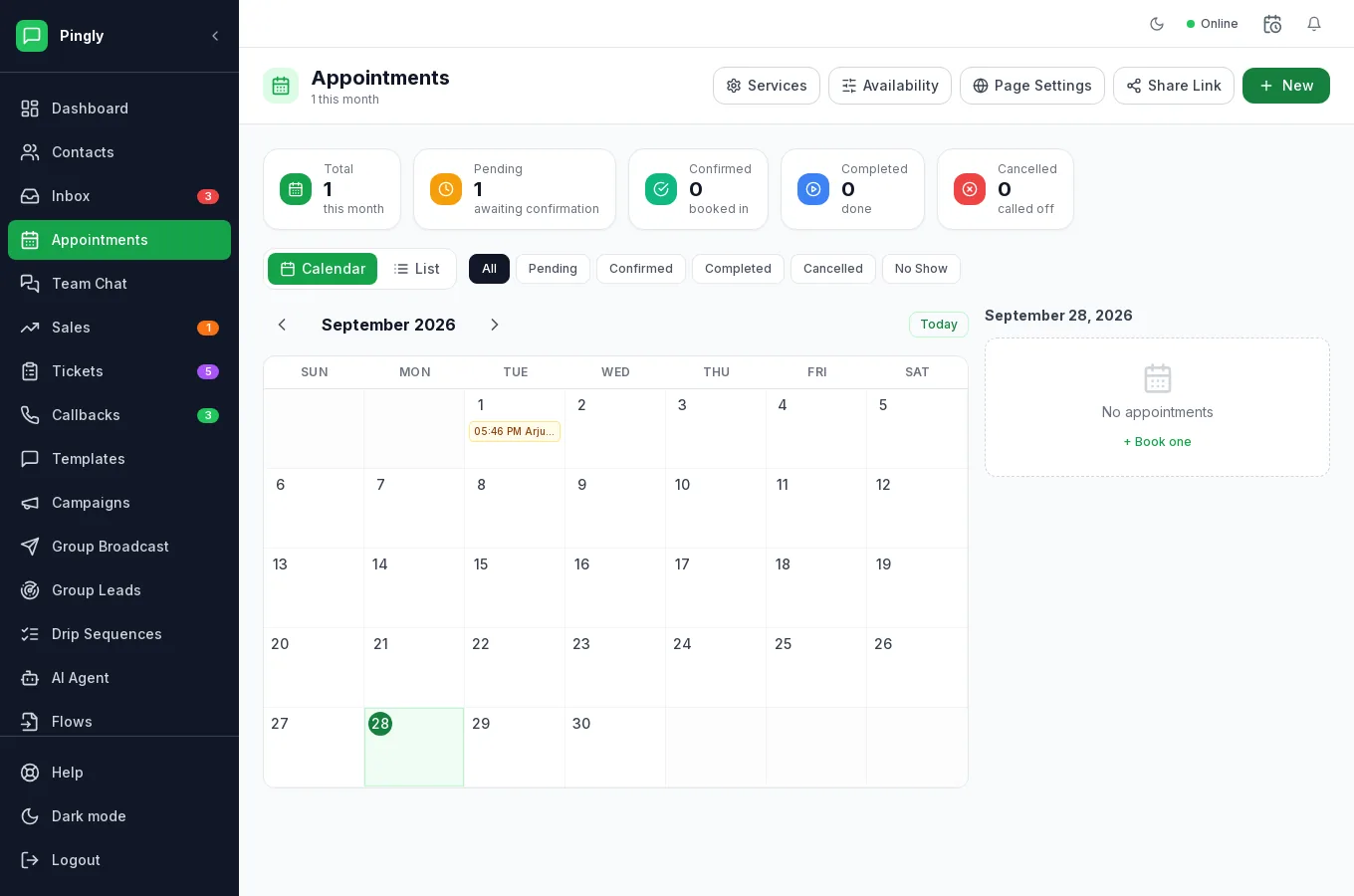 The Appointments screen in Pingly, showing counters for total, pending, confirmed, completed and cancelled bookings above a month calendar, with Services, Availability, Page Settings and Share Link buttons.
