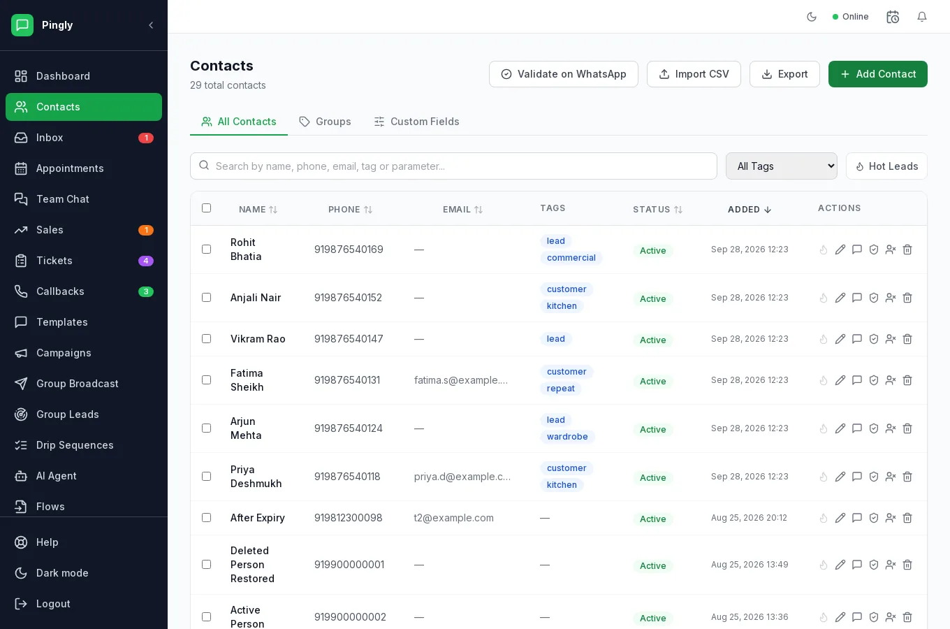 The Contacts screen in Pingly, showing a table of contacts with names, phone numbers and tags, and filters above it.