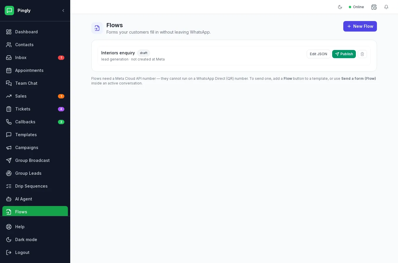 The Flows screen in Pingly, listing forms with their status of draft or published.