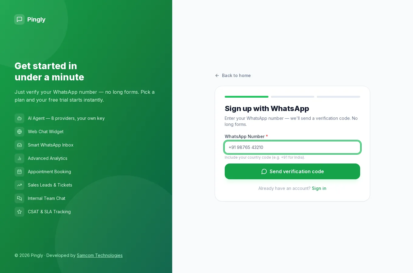 The Pingly sign-up page, asking for a WhatsApp number with its country code to send a verification code to.