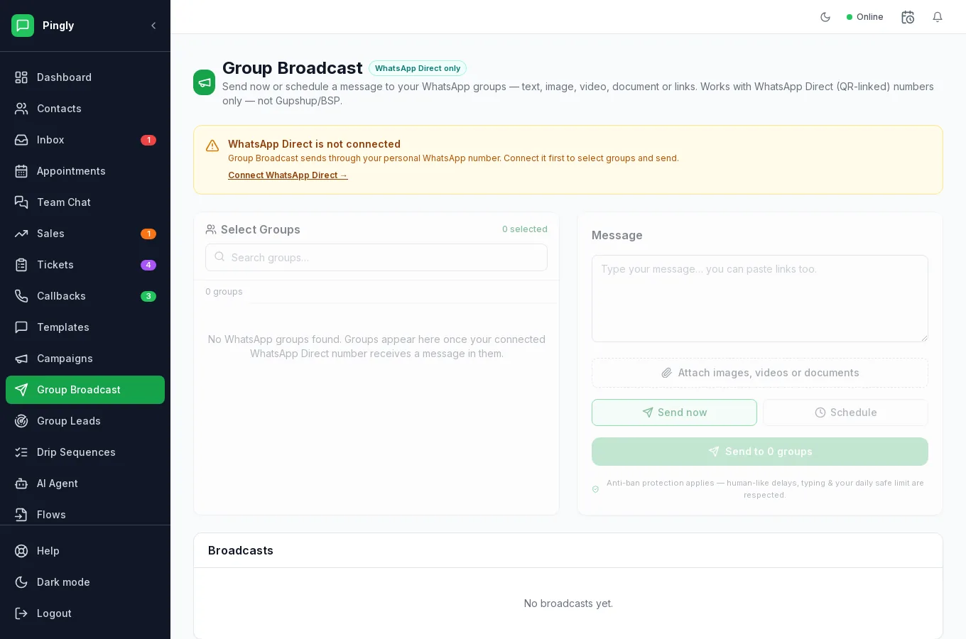 The Group Broadcast screen in Pingly, showing selectable WhatsApp groups and the message to send to them.