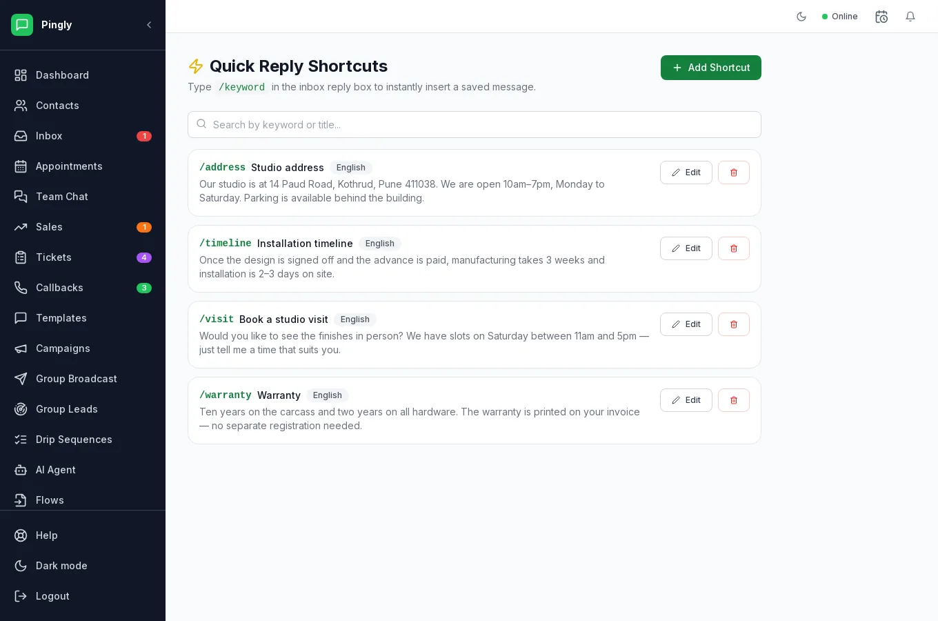 The Quick Replies screen in Pingly, listing saved answers with their keyword shortcuts and categories.