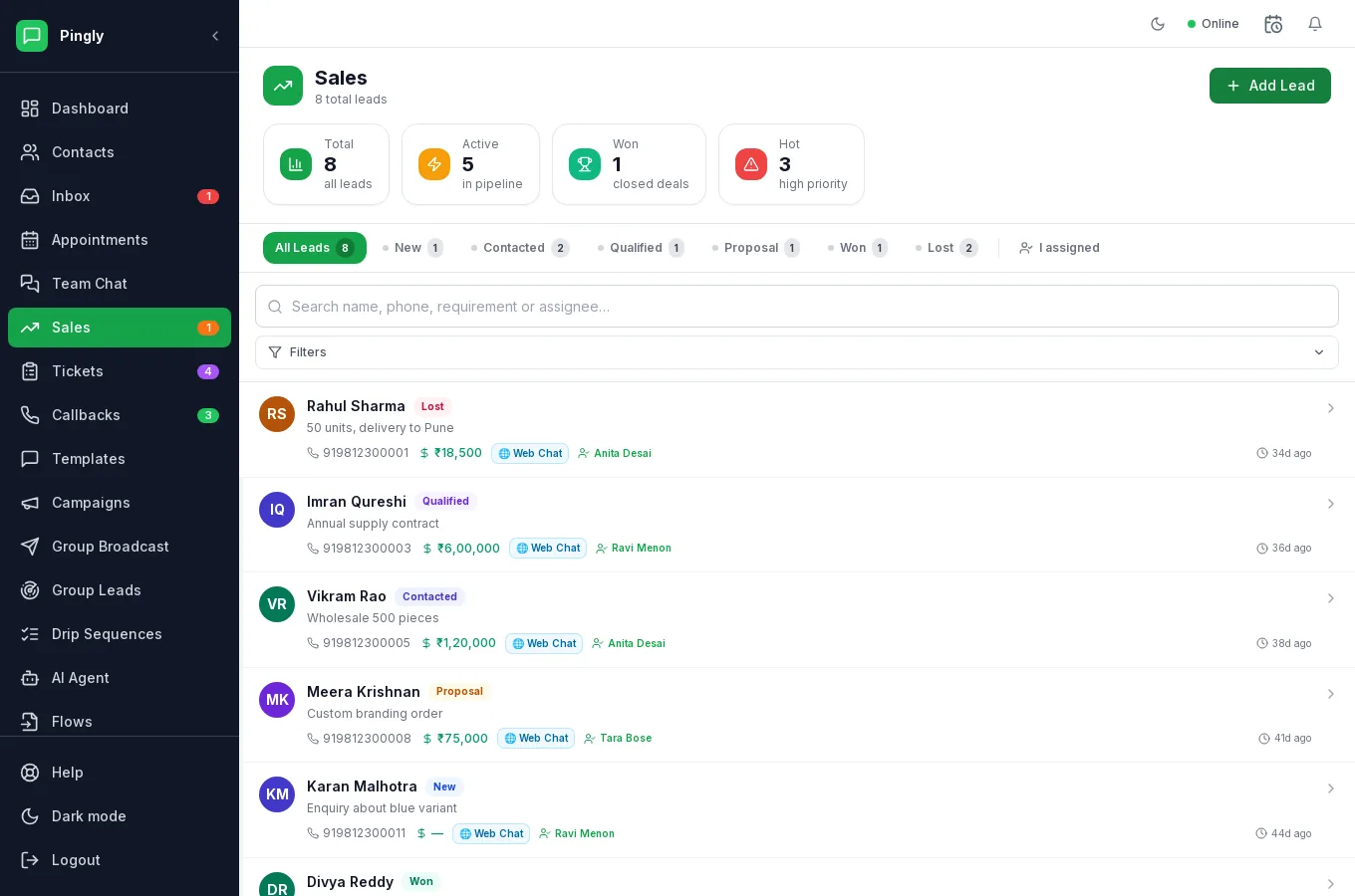 The Sales screen in Pingly, showing leads arranged by pipeline stage with their value and owner.