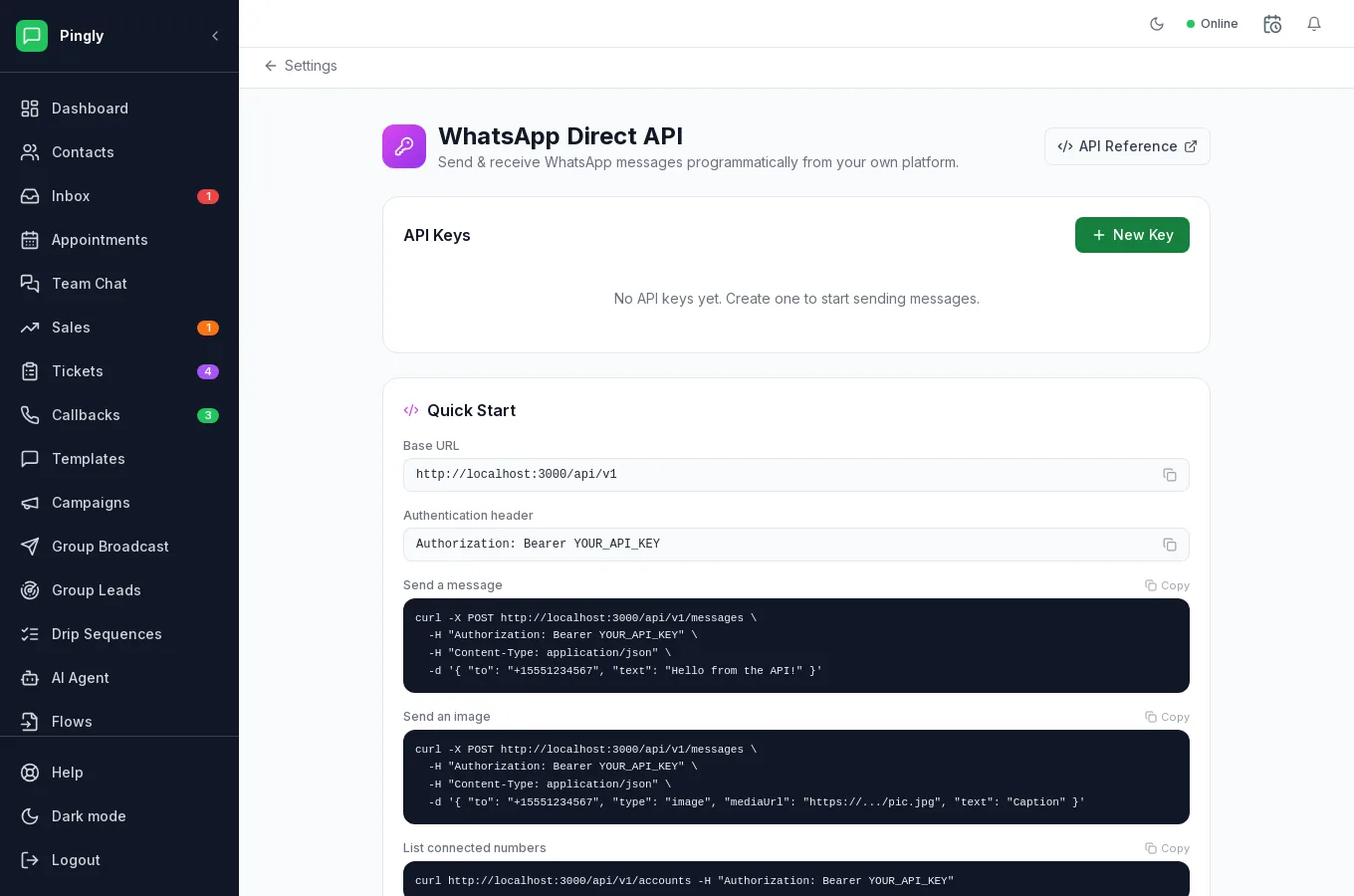 The Developer API screen in Pingly settings, showing API key management and a link to the API documentation.