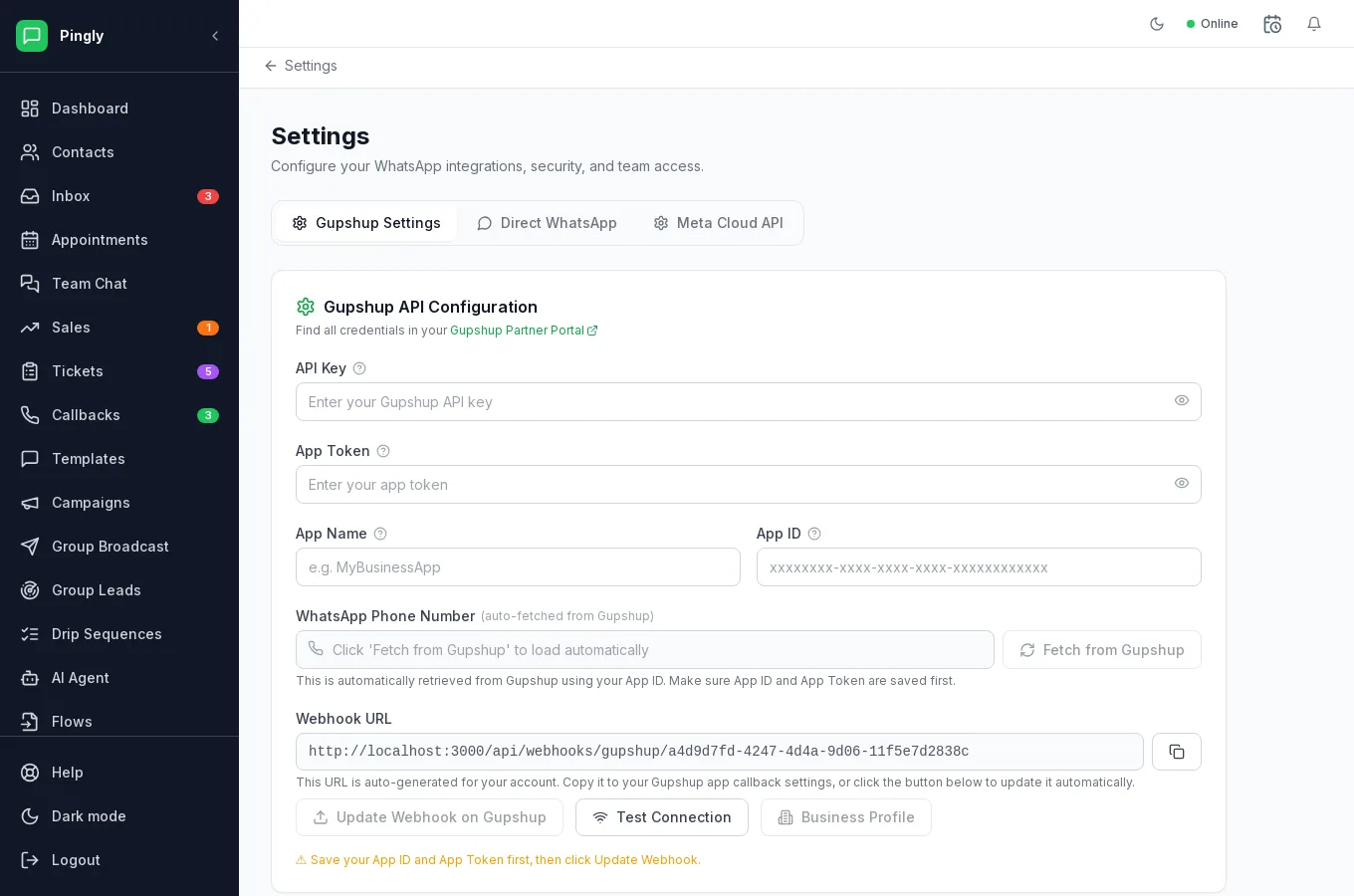 The Gupshup Settings tab in Pingly, with fields for the API key, app token, app name and app ID, and the generated webhook URL to paste into Gupshup.