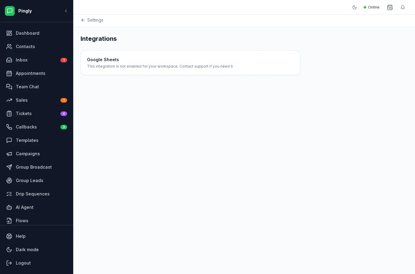 The Integrations screen in Pingly settings, listing available connections such as Google Sheets and Zoho CRM with their connection state.
