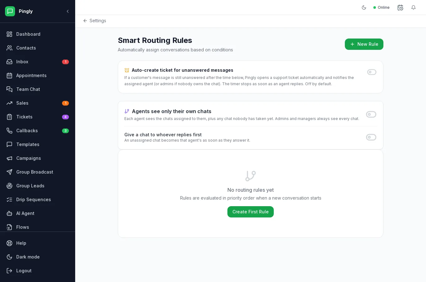 The Smart Routing Rules screen in Pingly settings, showing switches for auto-creating tickets, agents seeing only their own chats and giving a chat to whoever replies first, above the list of routing rules.