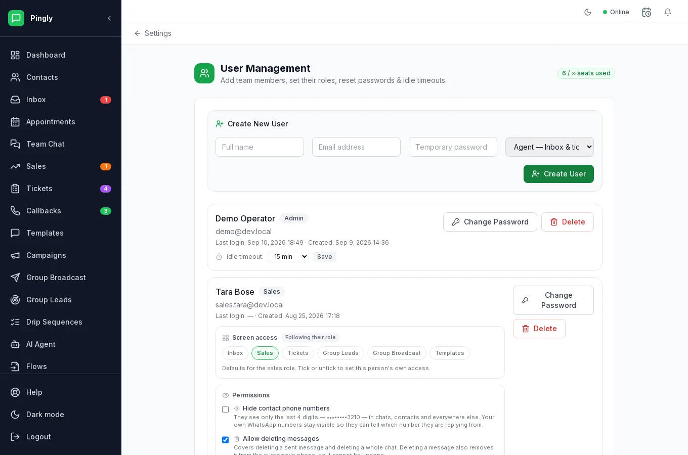 The Team screen in Pingly settings, listing team members with their roles and the per-person screen access controls.