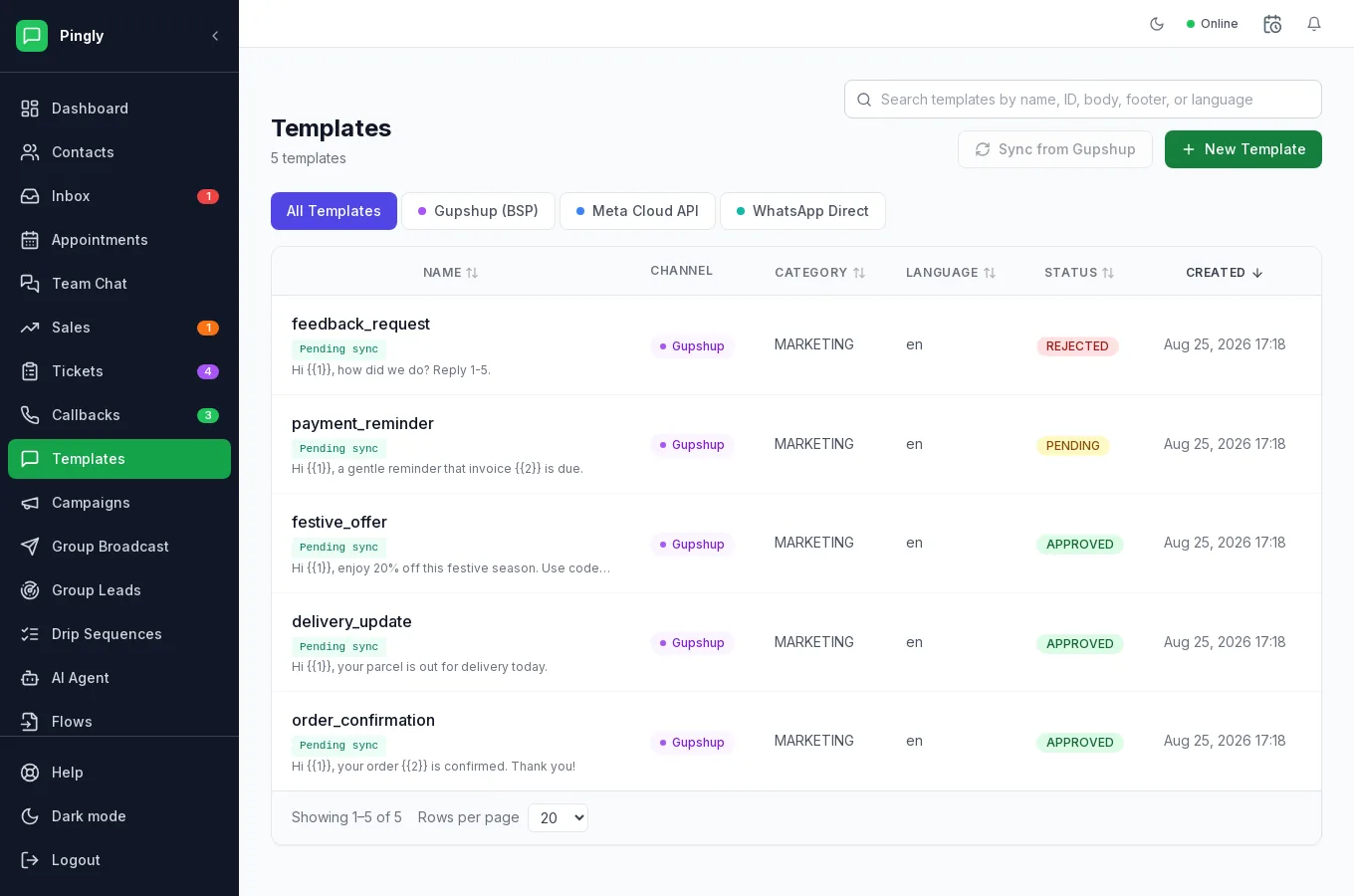 The Templates screen in Pingly, listing message templates with their category, language and approval status.