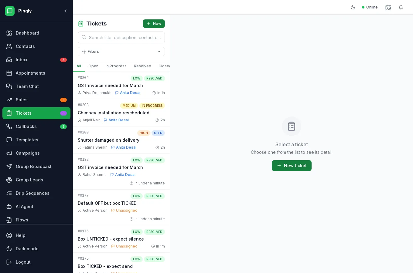 The Tickets screen in Pingly, listing support tickets with their status, priority and assignee.