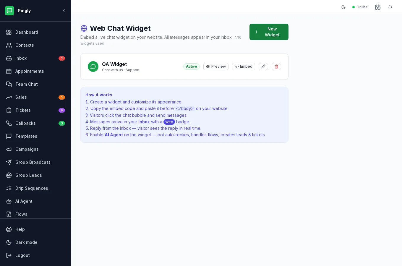 The Web Chat Widget screen in Pingly, listing an active widget with Preview and Embed buttons, above a How it works summary covering creating a widget, pasting the embed code and replying from the inbox.